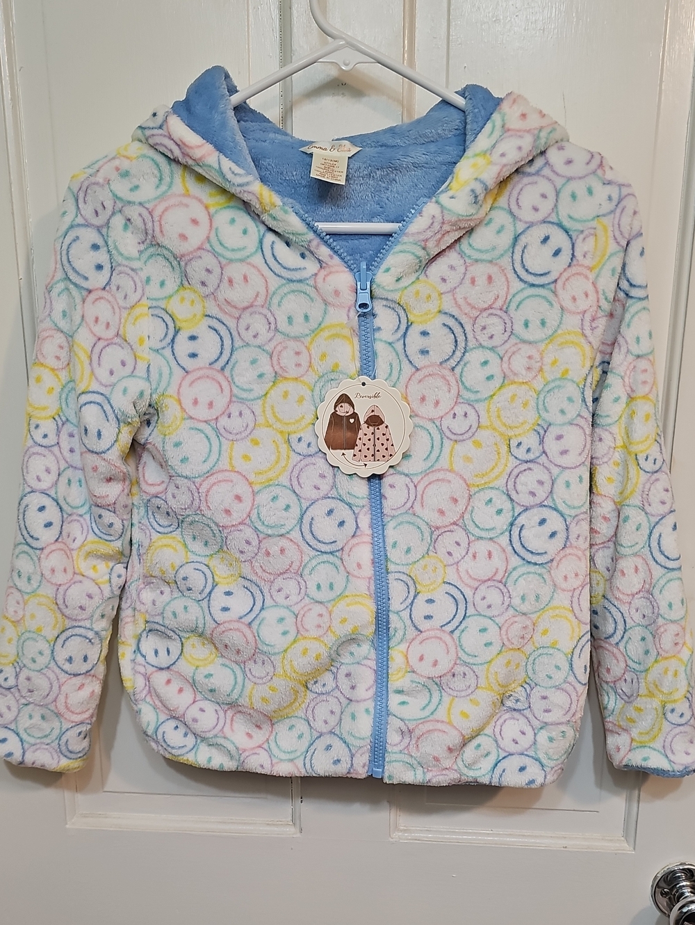 Kids Plush Hooded Zip Jacket - Pastel Smiley Print